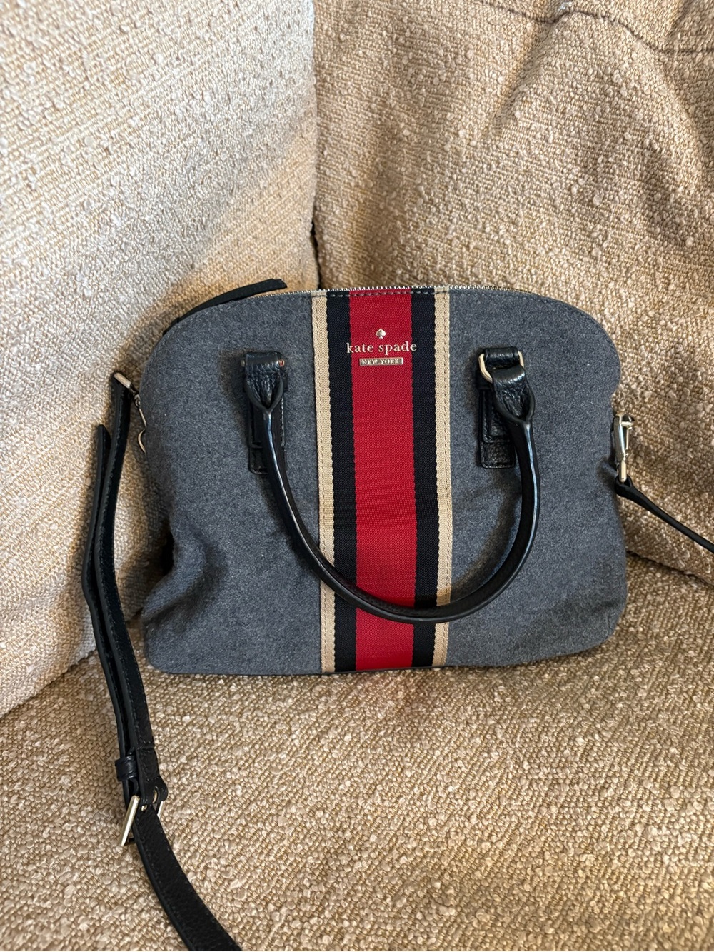 kate spade Gray Wool Stripe Satchel with Red Accent